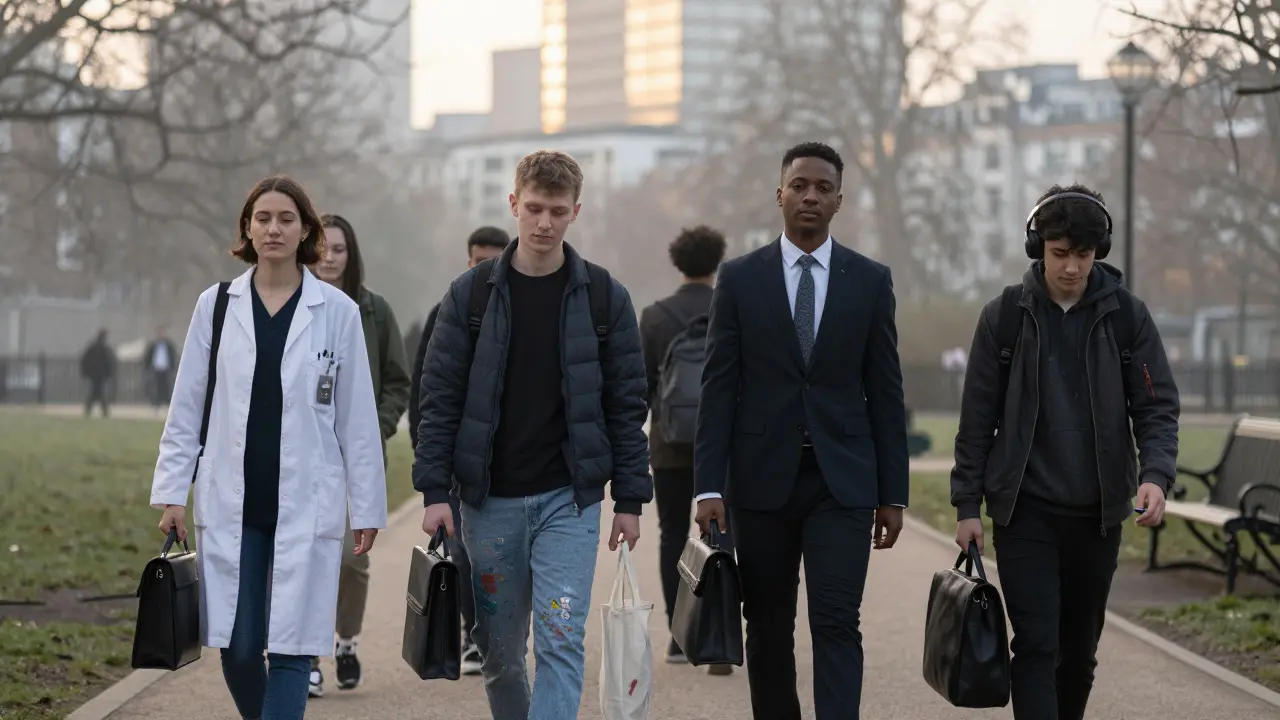 Diverse professionals walking through a misty London park at dawn, carrying everyday bags.