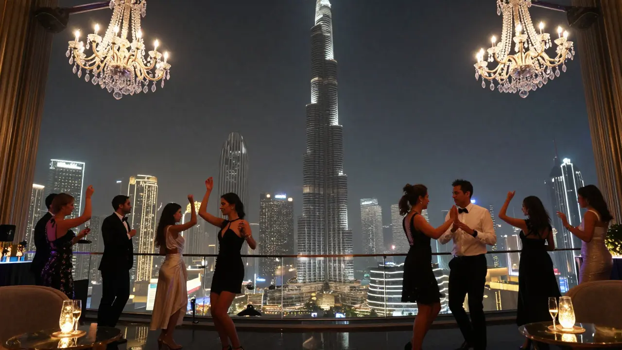 Elegant guests dancing at Level 43 with the Burj Khalifa glowing in the background under a crystal-lit sky-high nightclub.
