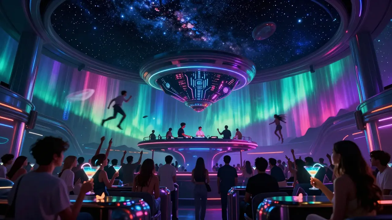 Futuristic club interior with starlit ceiling and glowing patrons as if floating in space, vibrant colored walls pulsing with music.