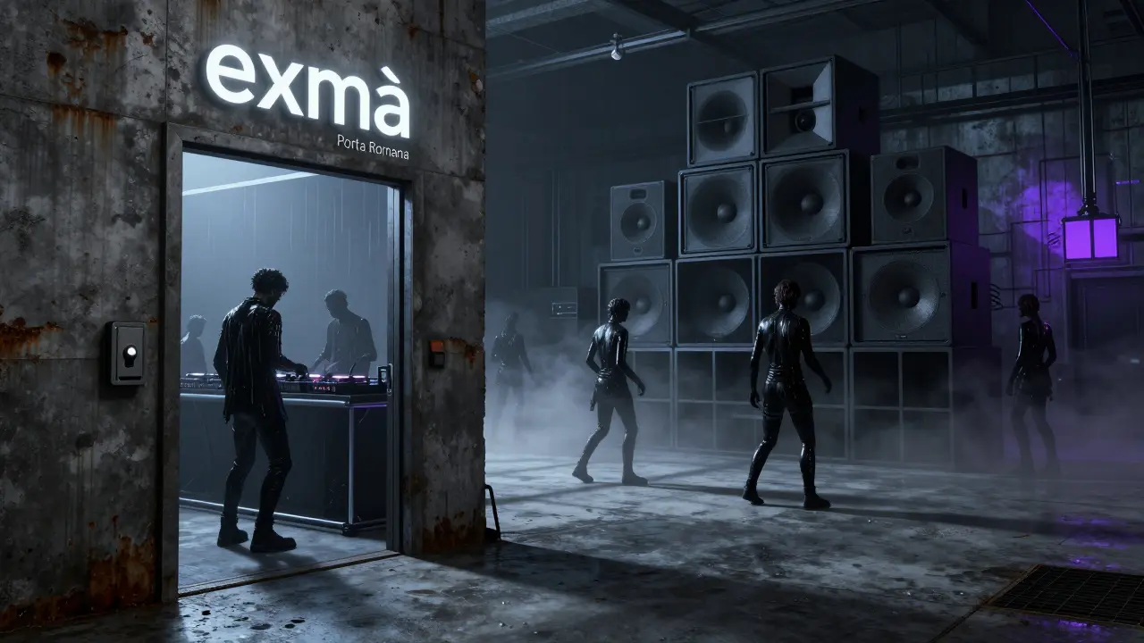 Gritty warehouse club entrance with faint light and silhouettes, industrial atmosphere, no faces visible.