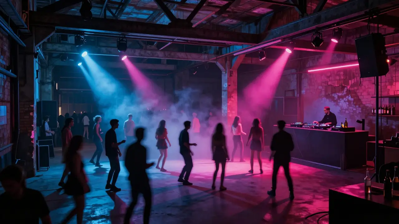 Industrial warehouse club with dancers under neon lights, deep techno music pulsing.