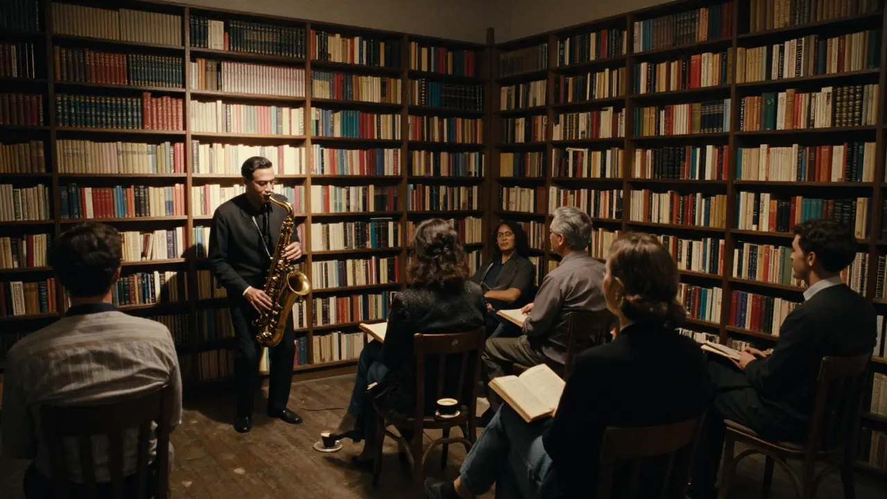 Jazz performance in a bookshop at night, patrons listening quietly under bookshelves.