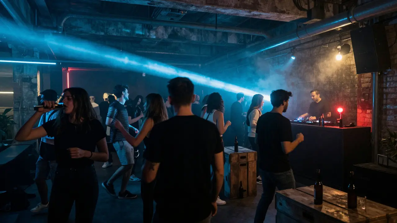 Lambrate's underground club with industrial vibes, neon lights, and dancing crowds.