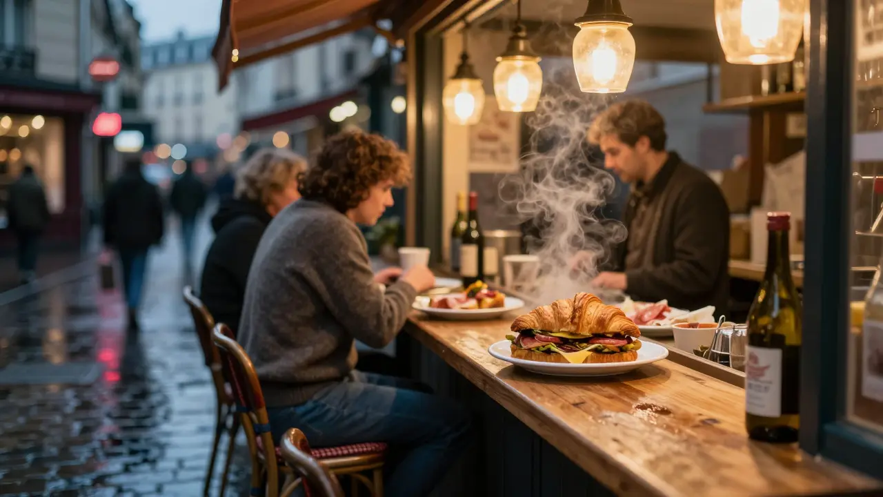 Late-night croque-monsieur at a Paris food stall, steam rising under warm lantern light.