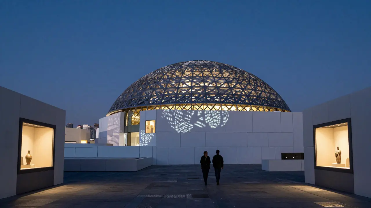 Louvre Abu Dhabi at night with glowing dome projections and a couple walking peacefully through the empty, lit galleries under the stars.