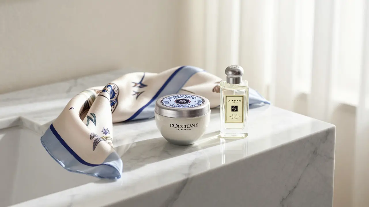 Luxury skincare and perfume on a marble counter with a silk scarf, minimalist and elegant.