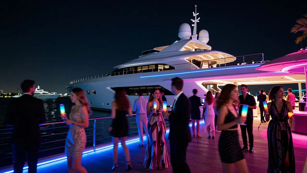 Luxury yacht-shaped nightclub with neon lights and stylish guests sipping glowing cocktails under the stars.