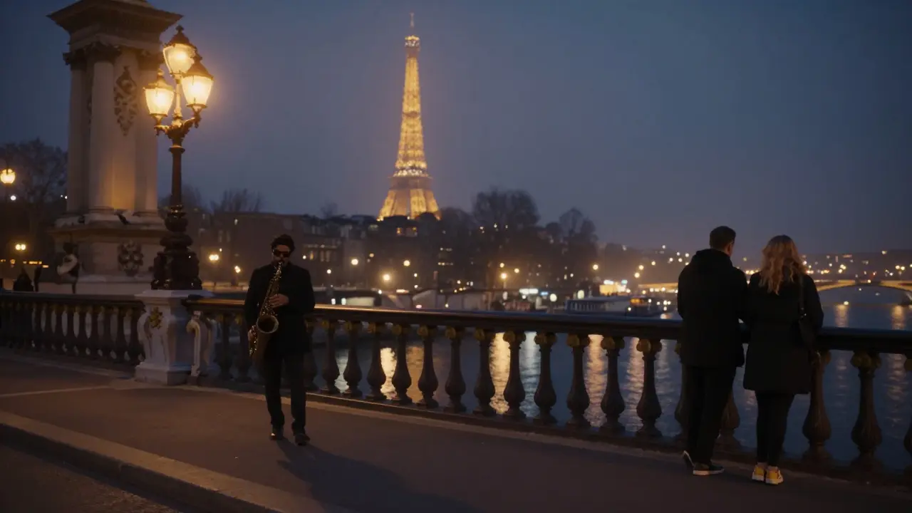 Midnight walk on Pont Alexandre III, Seine reflecting city lights, saxophonist playing quietly on the bridge.