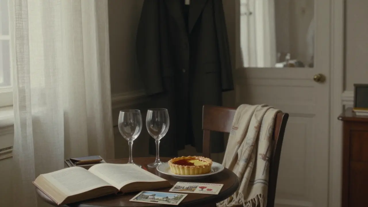 Morning light in a Paris apartment with an open book, wine glasses, and a vintage postcard.
