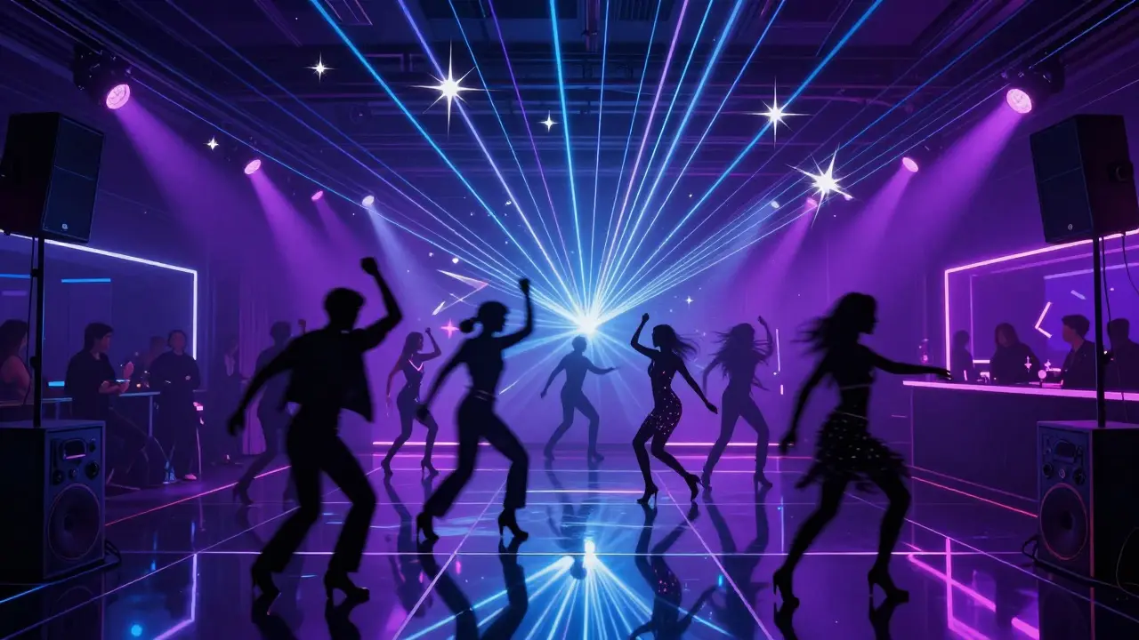 Opal Club's mirrored dance floor reflecting vibrant lasers as fashionable dancers move under neon lights.