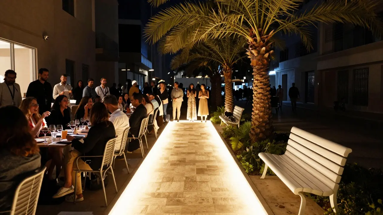 Path of light leading from a lively expat social event to a peaceful bench at night.