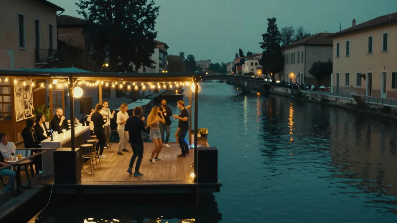 People dancing on a wooden floor over a canal at night, floating bars with string lights behind them.