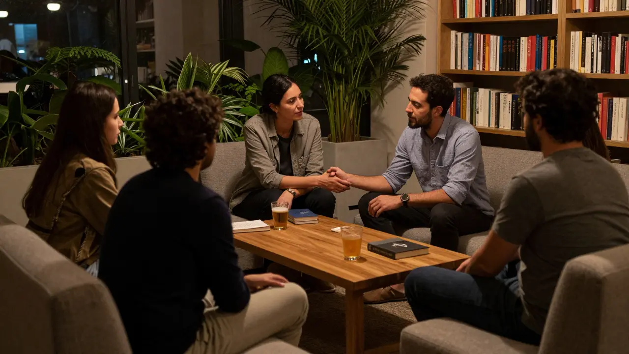 Quiet group sharing books and drinks in a cozy Jumeirah gathering, quiet moments of connection.