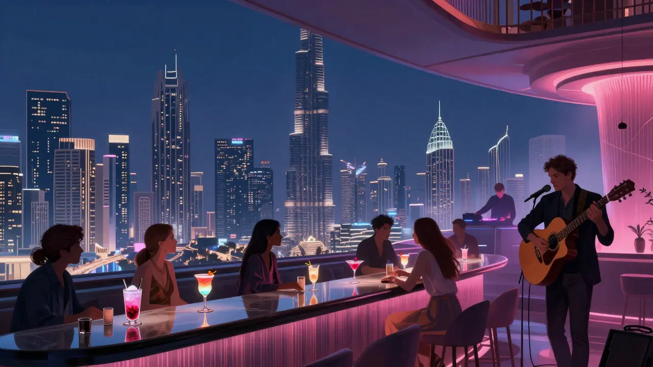 Rooftop lounge with city lights below, guests enjoying cocktails as dusk turns to night.