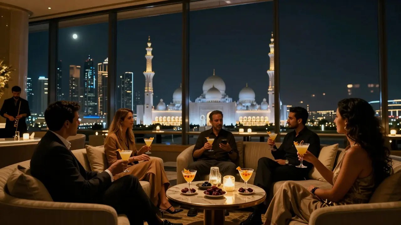 Rooftop lounge with panoramic city views, guests sipping cocktails under soft lights, Sheikh Zayed Grand Mosque glowing in the distance.