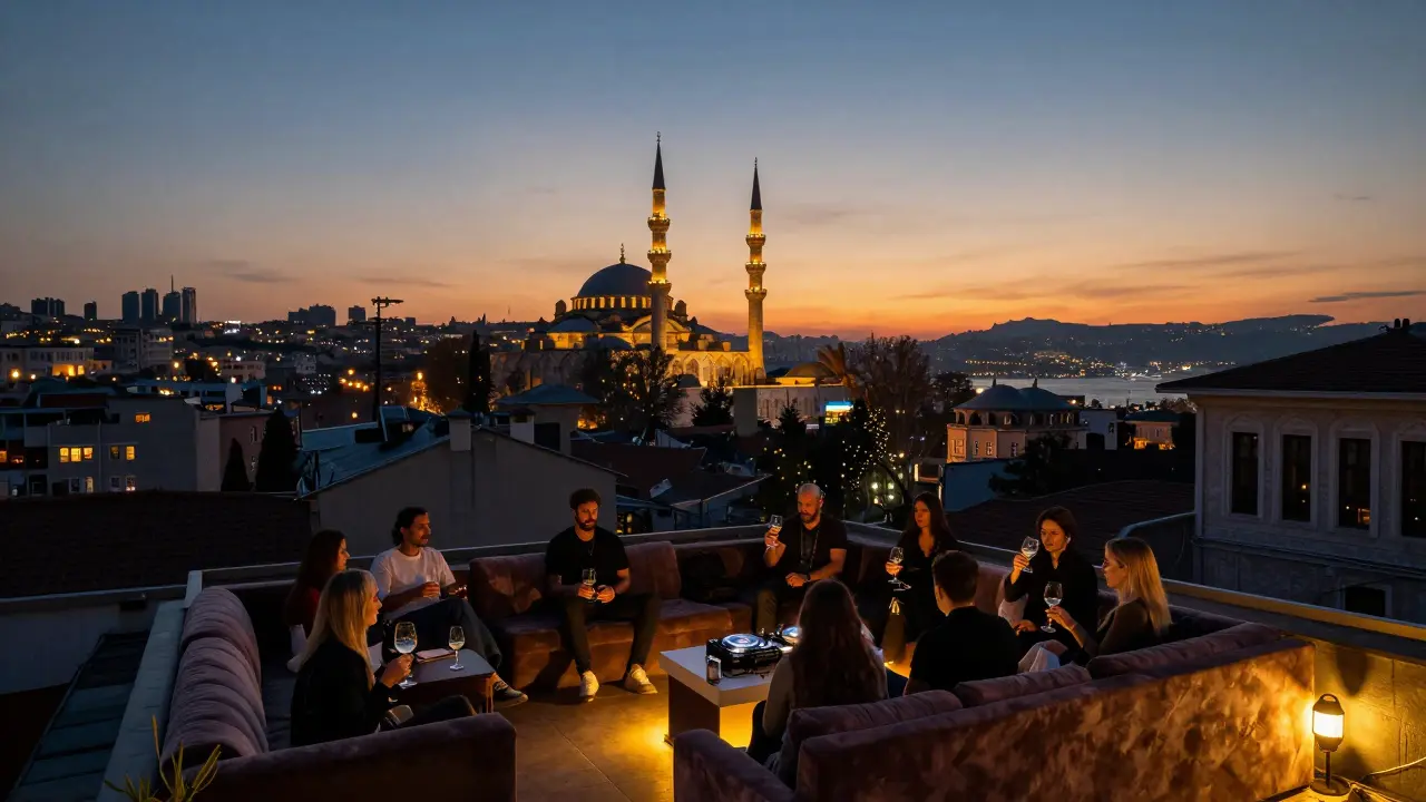 Rooftop party at Arkaoda at twilight with city lights below and minarets in the distance.