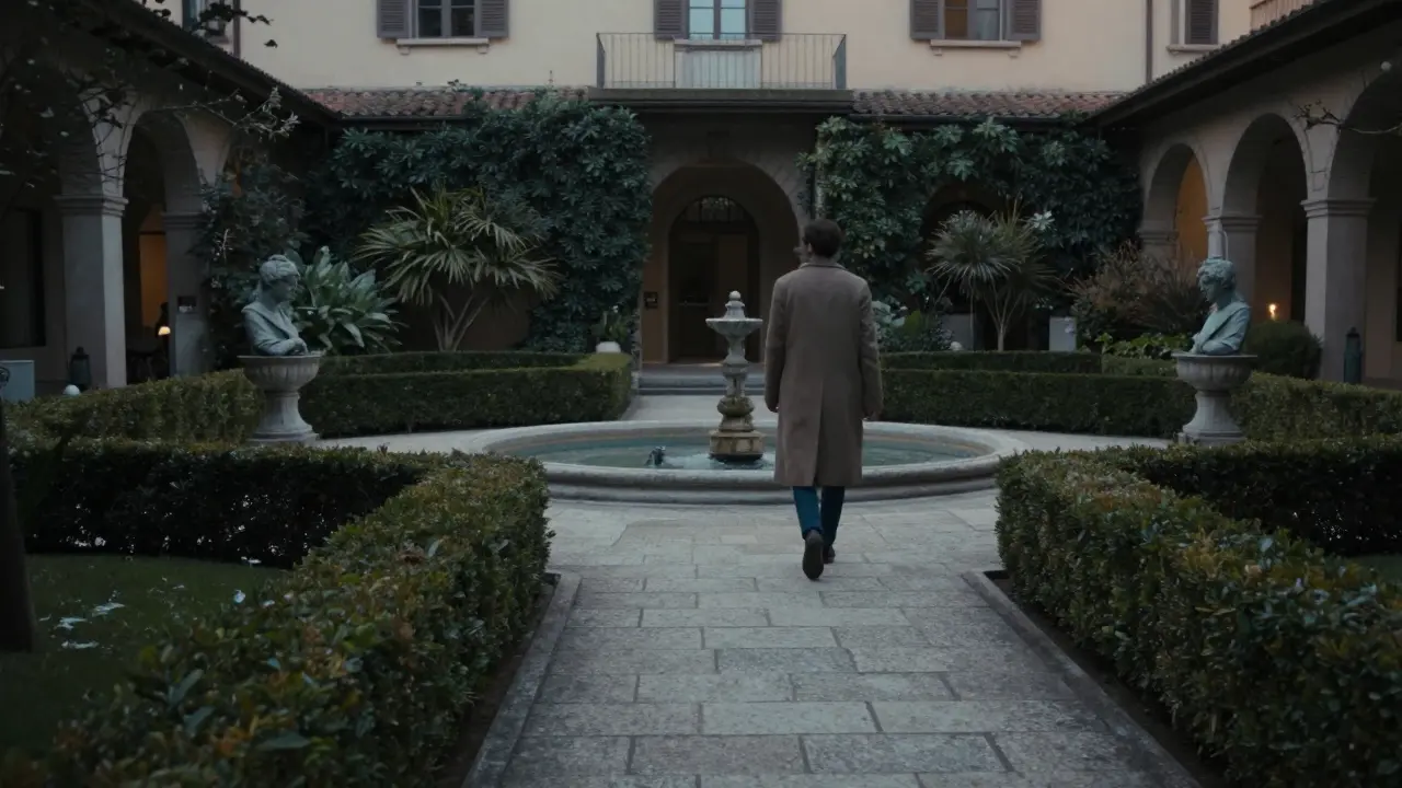 Secluded courtyard garden at Bulgari Hotel Milano during blue hour, with a figure walking away into the shadows.
