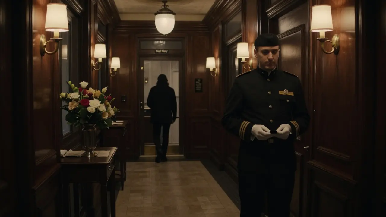 Silent service corridor in a historic Milan hotel at midnight, with a concierge and a shadowy figure exiting discreetly.