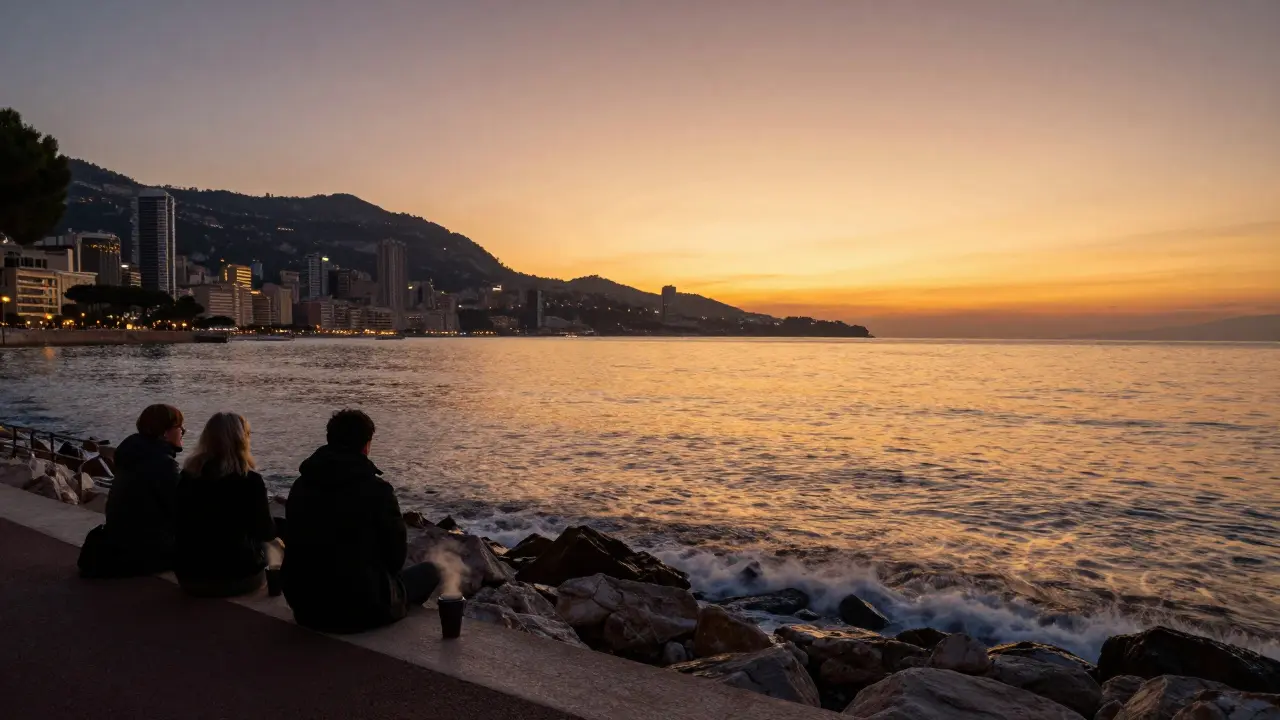 Silhouettes of people sitting on cliffs at sunrise, coffee cups beside them, Monaco’s city lights fading as dawn breaks over the sea.