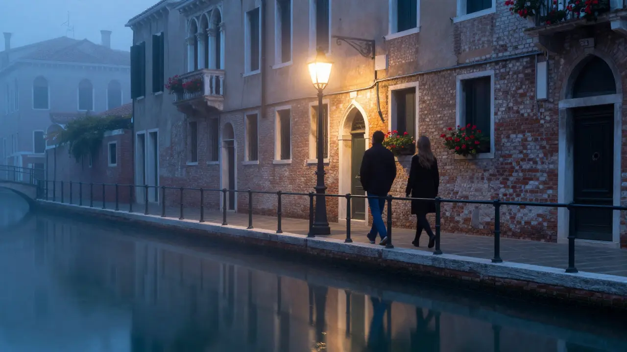 Silhouettes walk side by side along the Navigli canals at dawn under soft lantern light.