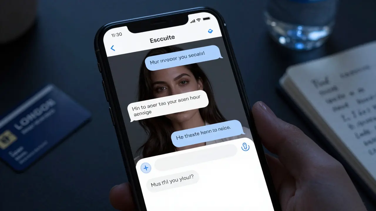 Smartphone screen showing encrypted chat about escort services, with hotel keycard and notebook nearby.