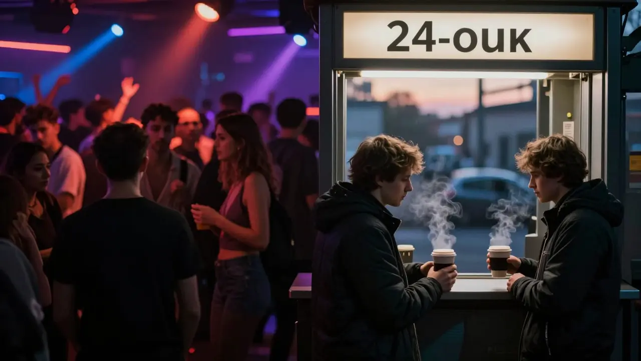 Split image: chaotic club on one side, quiet kiosk with coffee on the other — Berlin&#039;s nightlife duality.