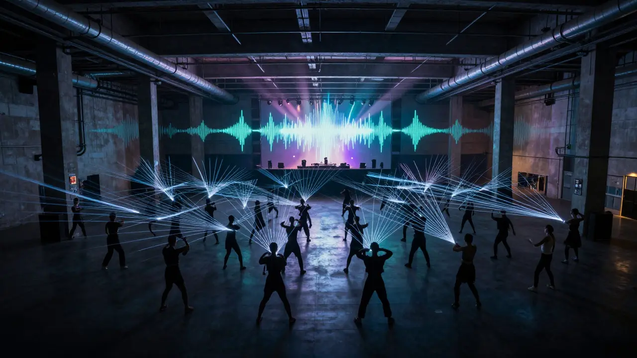 Thousands of dancers in a vast industrial warehouse lit by rhythmic lasers