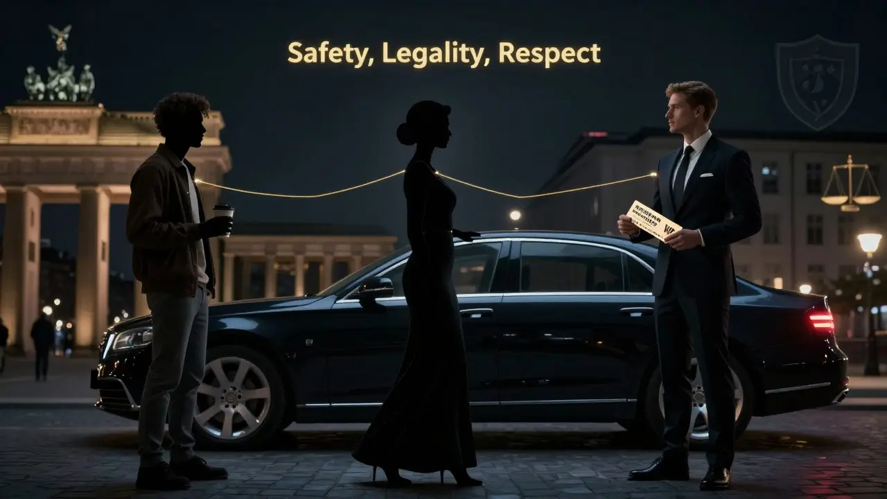 Three silhouettes representing different escort types connected by a golden thread in a Berlin night scene.