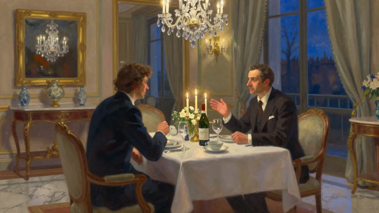 Two figures share a quiet dinner in a high-end hotel suite, discussing art under candlelight, no physical intimacy, elegant surroundings.