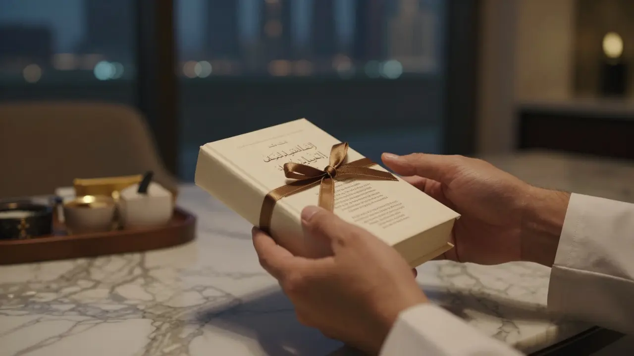 Two hands exchanging a book of poetry, symbolizing connection beyond transaction in a luxurious yet discreet setting.