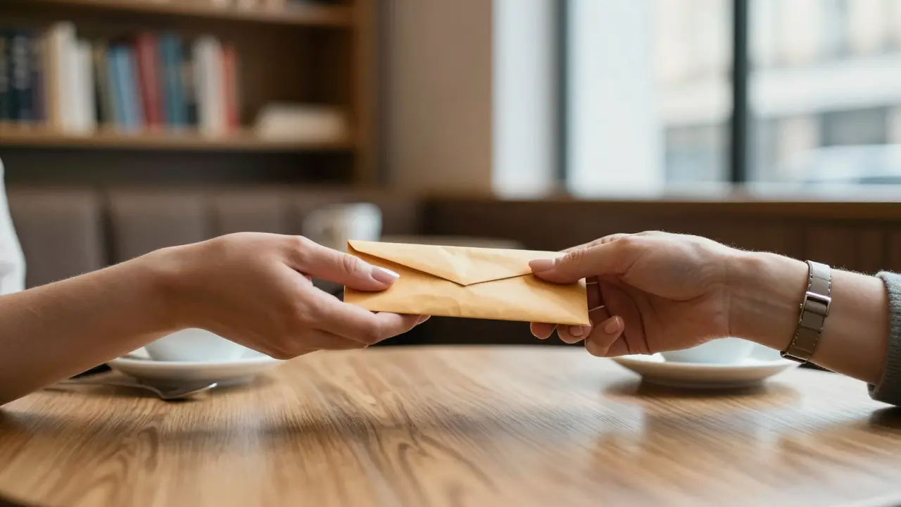 Two hands exchanging cash in a quiet café, faces hidden, conveying discreet and respectful transaction.
