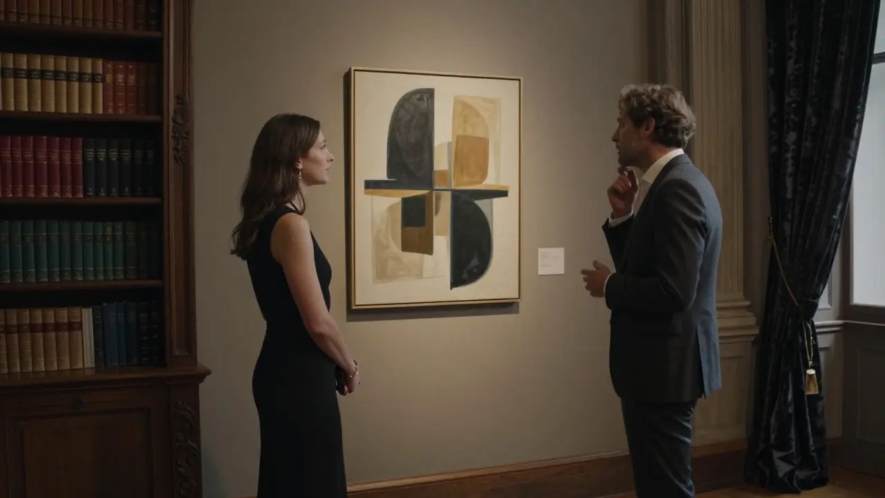 Two people engage in quiet conversation before a contemporary painting in a historic palazzo.