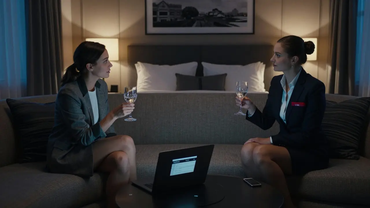 Two people having a calm conversation over wine in a hotel room, no physical contact shown.