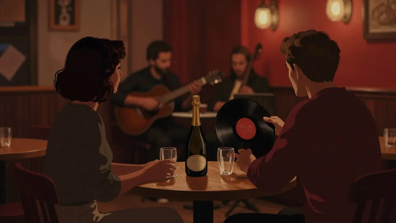 Two people sharing a quiet evening in a dimly lit jazz bar in Porta Venezia, with wine and music creating a warm, intimate atmosphere.