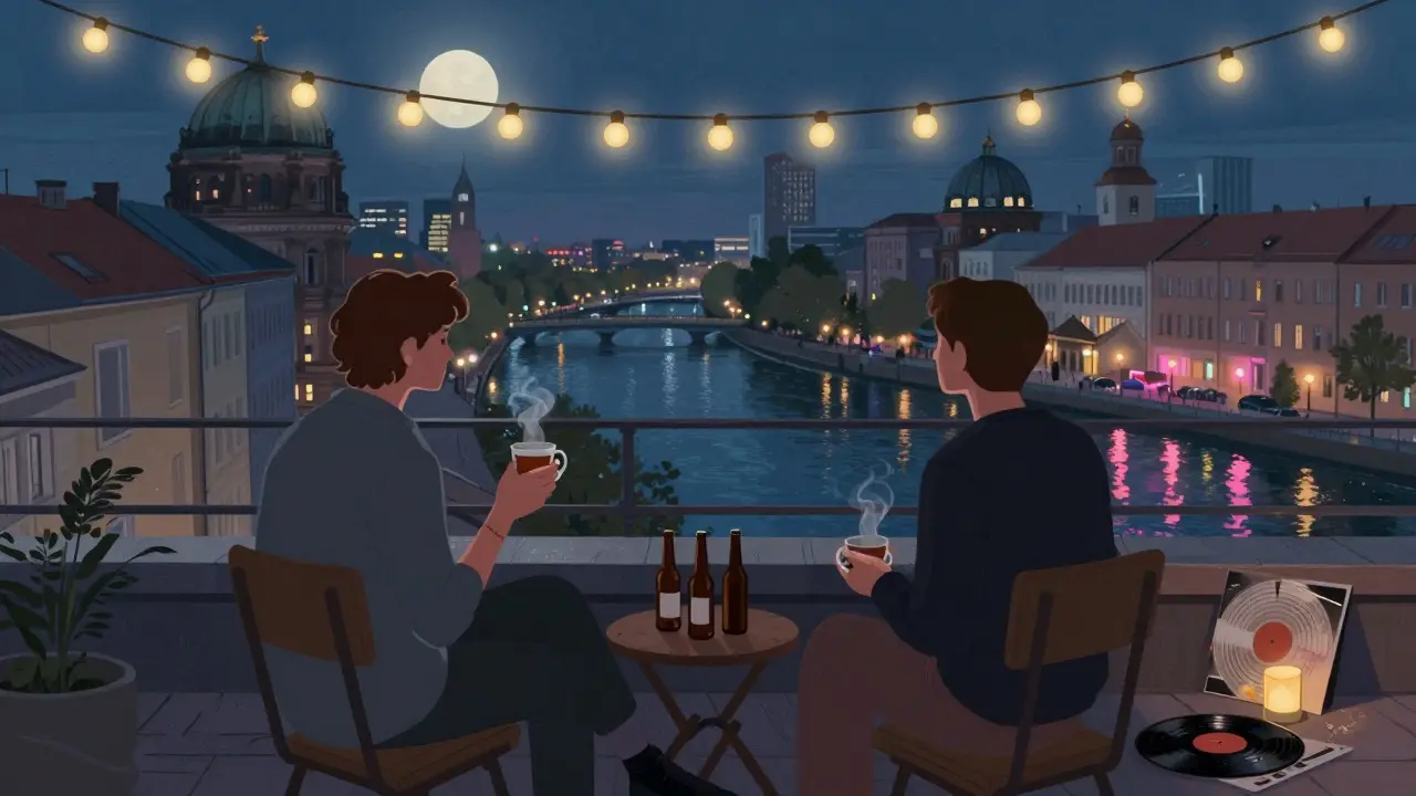 Two people sit in quiet contemplation on a Berlin rooftop at dawn, sharing tea under string lights.