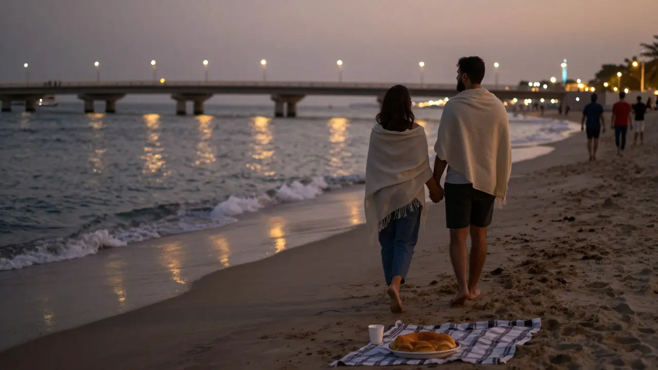 Two people walk hand-in-hand along a moonlit beach at dusk.