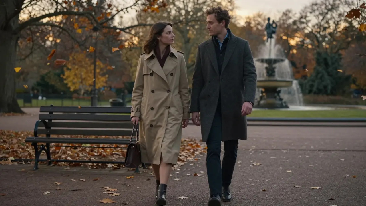 Two people walk peacefully through Hyde Park at golden hour, lost in quiet companionship.