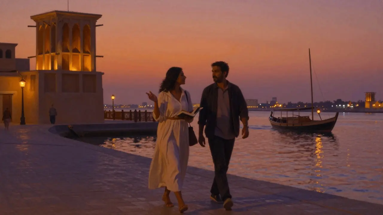 Two people walking along Dubai Creek at dusk, one holding a book, with traditional buildings and lanterns nearby.