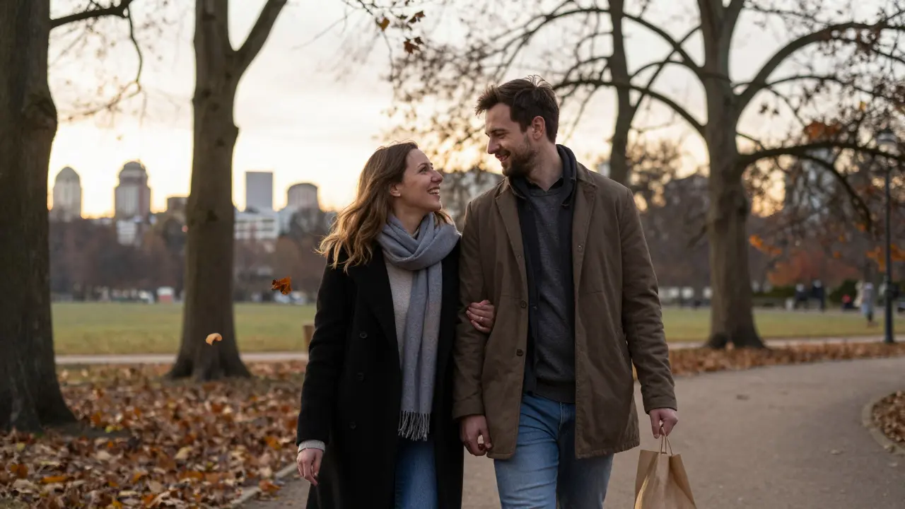 Two people walking side by side through Tiergarten at sunset, autumn leaves falling around them.
