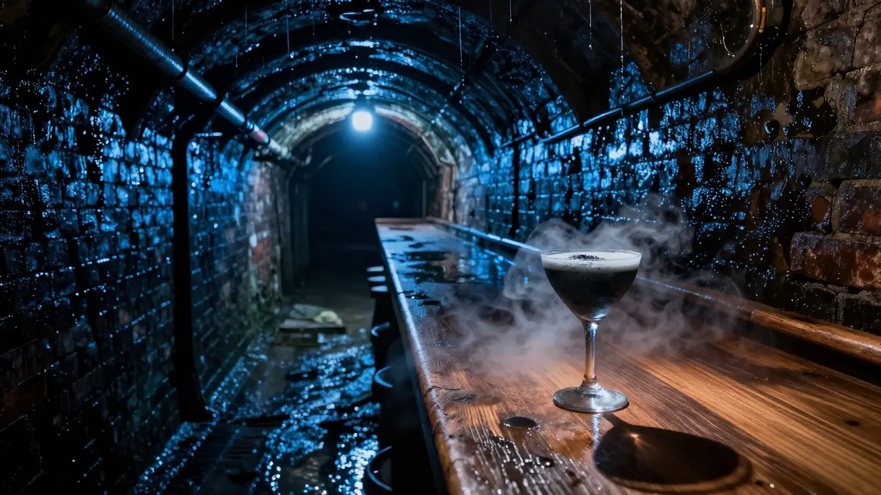 Underground bar in a damp sewer tunnel with blue lighting and misty cocktails.