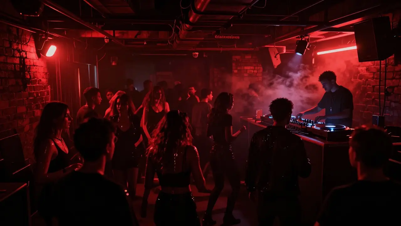 Underground techno club La Scala at night, dancers in black under red lights, industrial setting.