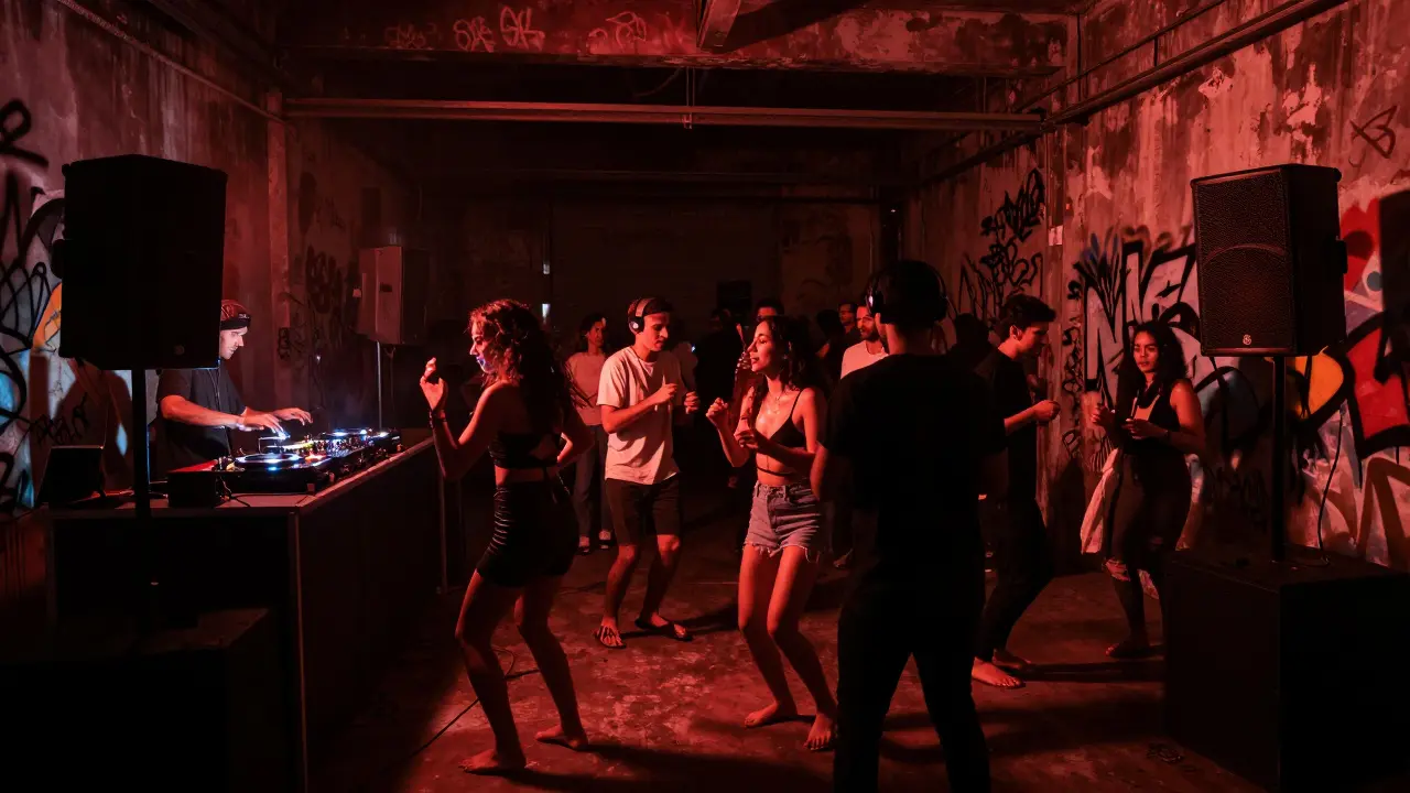 Underground warehouse party with dancers in dim red light, barefoot and immersed in live techno music.