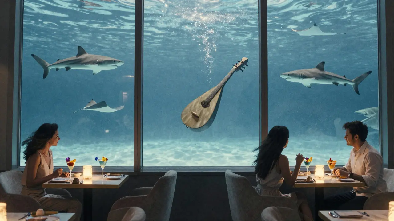 Underwater restaurant with fish swimming past windows, glowing cocktails, and serene ambiance.