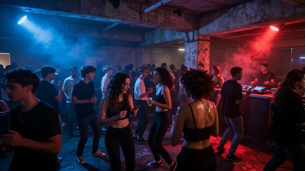 Vibrant Concrete nightclub with neon lights, dancing crowd, and raw concrete walls under pulsing bass.