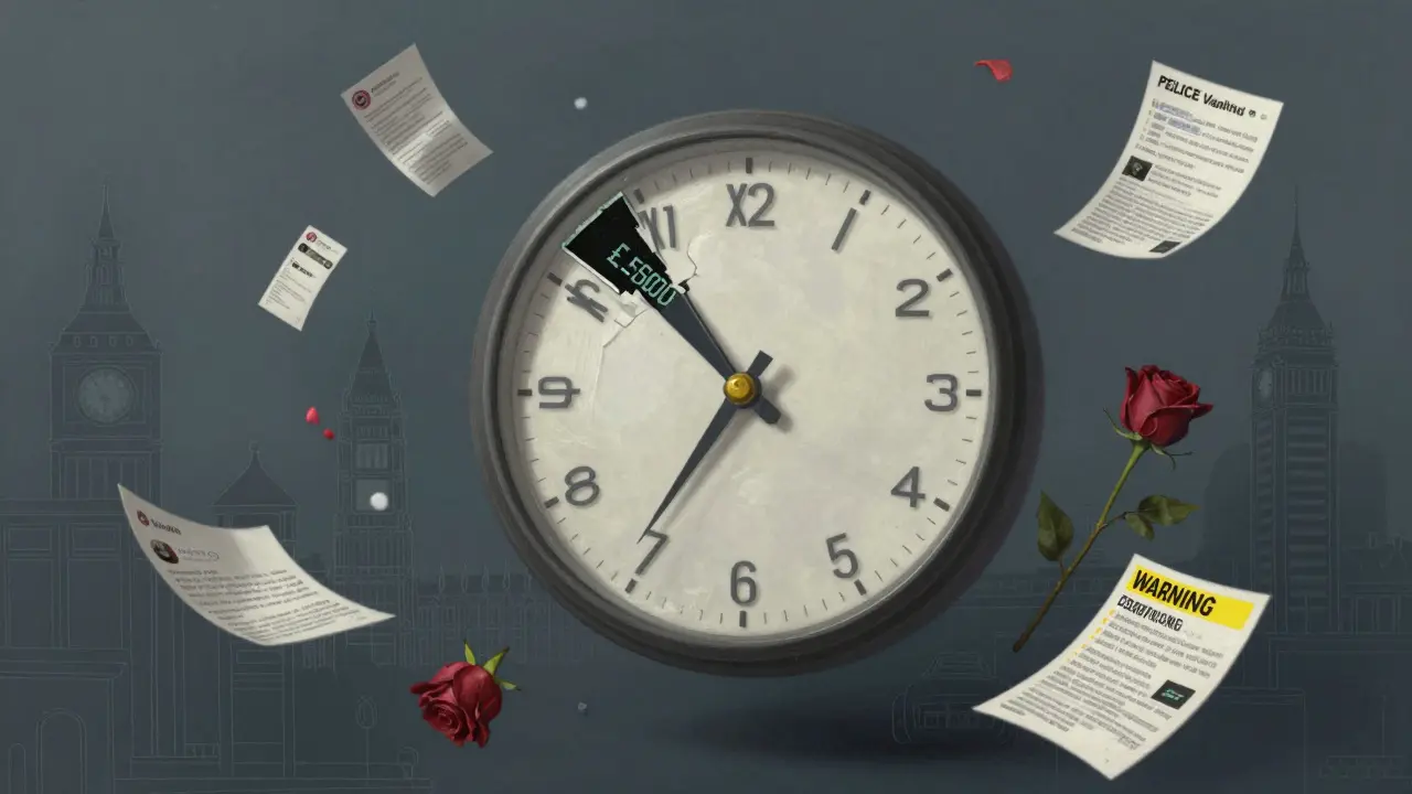 A broken clock floats with financial costs and legal warnings, surrounded by fading symbols of London.