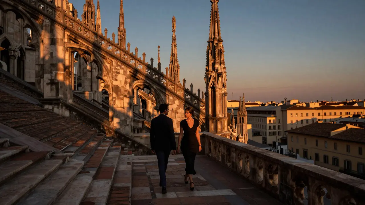 A client and escort walking peacefully on the Duomo's rooftop terrace at sunset, overlooking Milan.