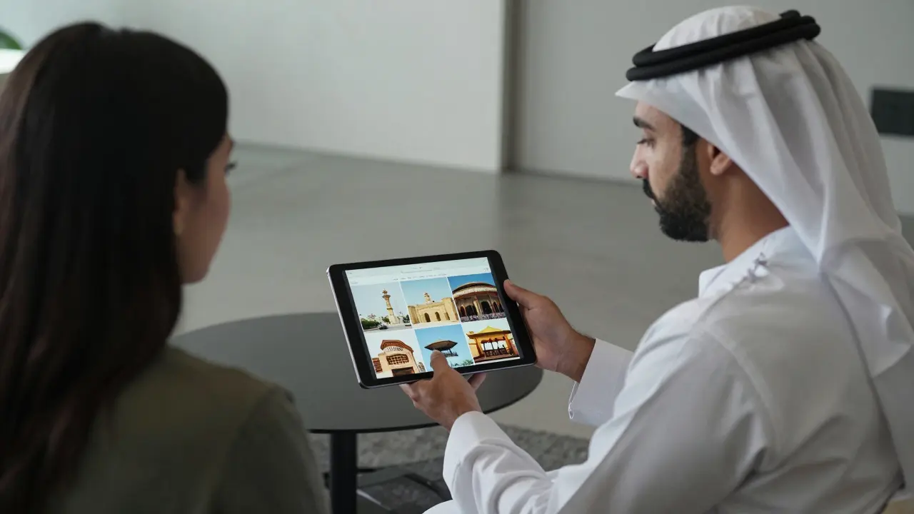 A companion showing a curated cultural itinerary to a client in a private residence.