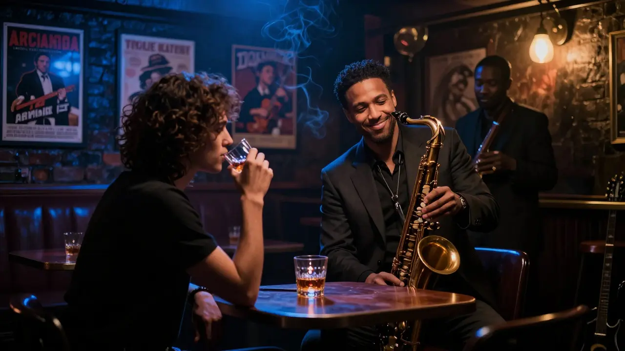 A couple enjoying jazz in a dimly lit Brixton basement club, saxophone in the background.