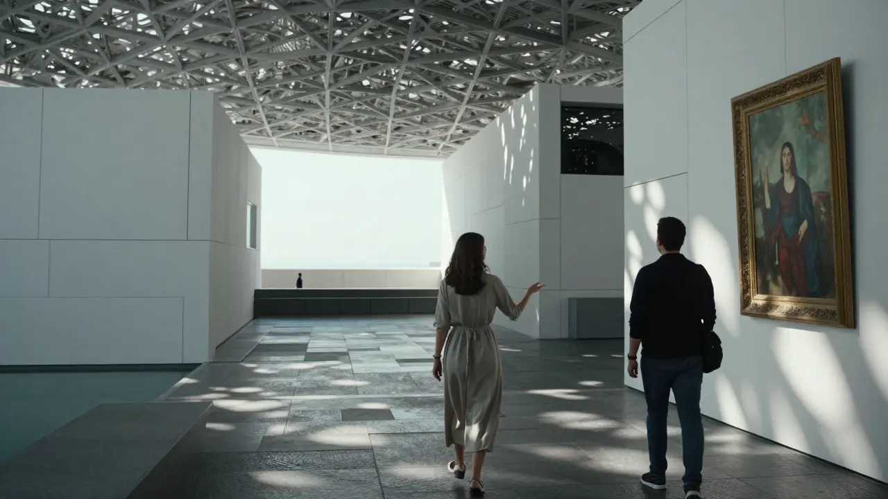 A couple silently appreciating art in the Louvre Abu Dhabi, back views, sunlight through the iconic dome.