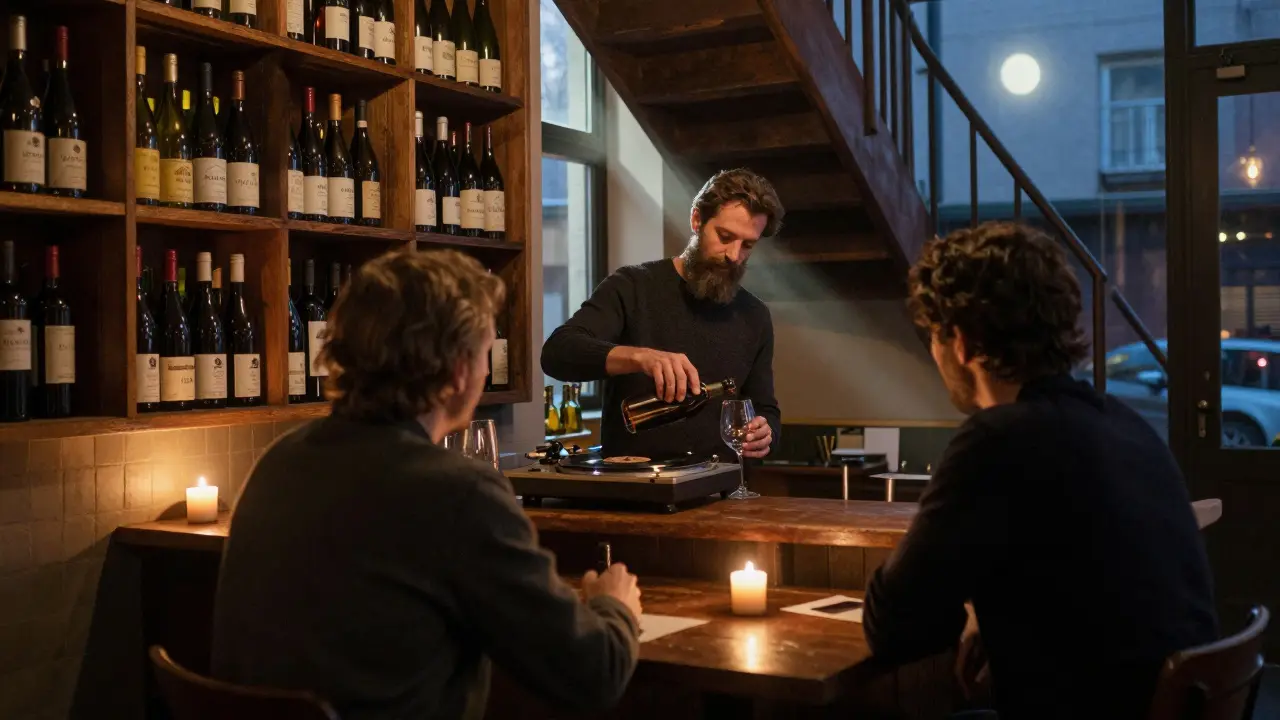 A cozy wine bar scene with a bartender pouring wine by candlelight, surrounded by aged bottles.